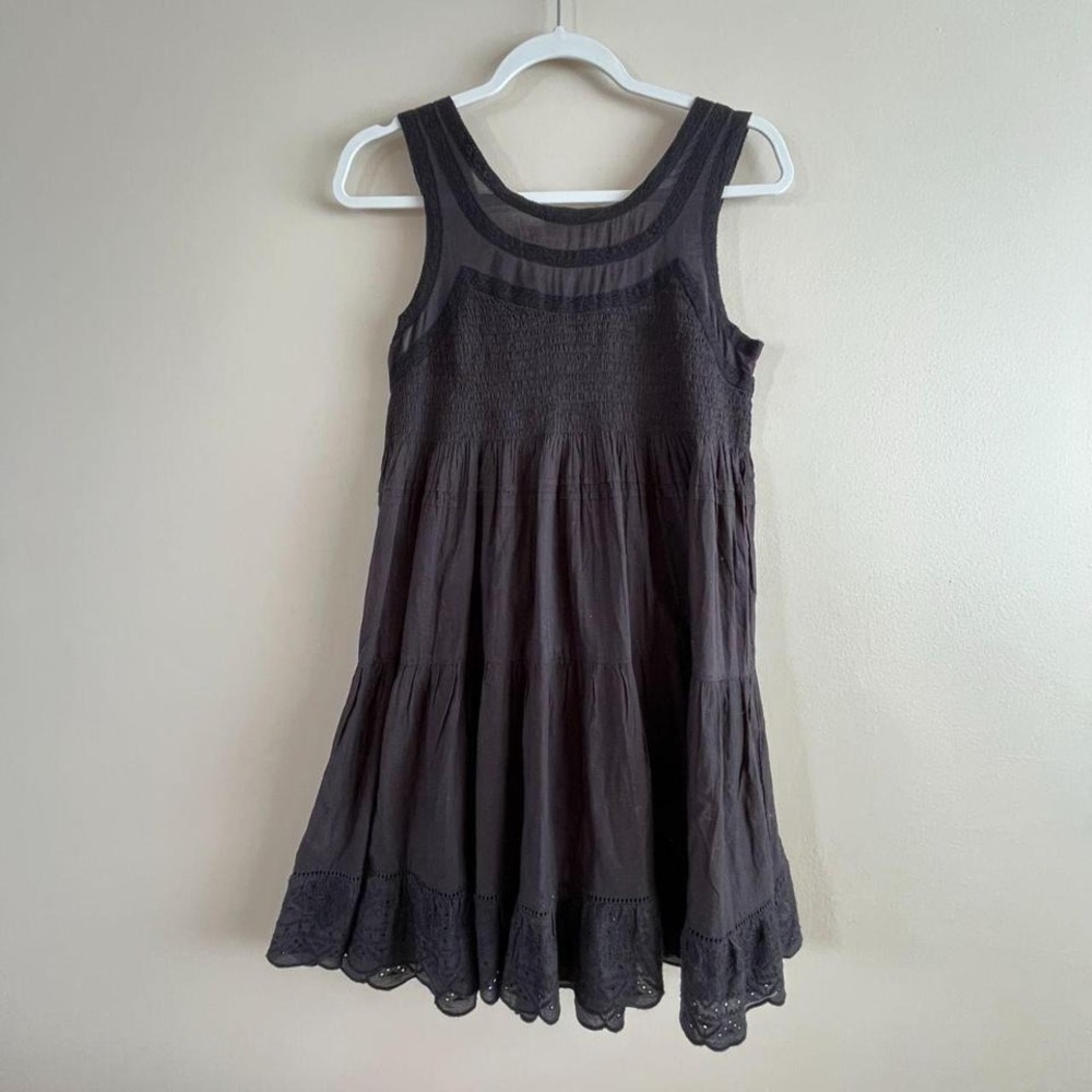 Lucky Brand NWT 100% Cotton Smocked Mini Dress XS Black Tiered Eyelet Hem Boho